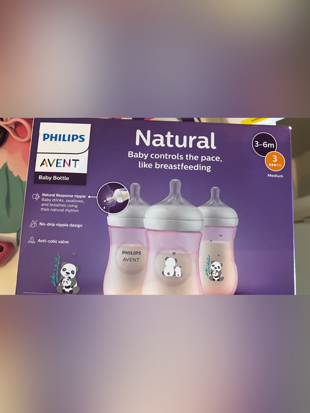 Philips Avent Purple and Pink Panda Natural Baby Bottles